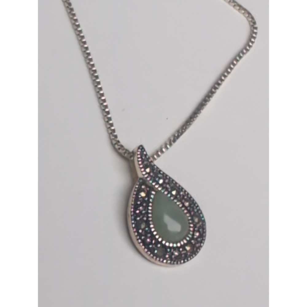 Vintage 925 NV Sterling Silver Jade Marcasite Teardrop Pendant 10" Necklace